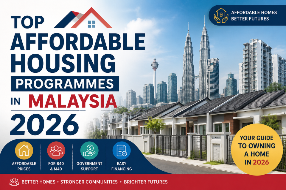 Top Affordable Housing Programmes in Malaysia 2026 featuring modern Malaysian homes and Kuala Lumpur skyline for B40 and M40 homebuyers. Government housing schemes, affordable property programmes, and first-home buyer financing in Malaysia.