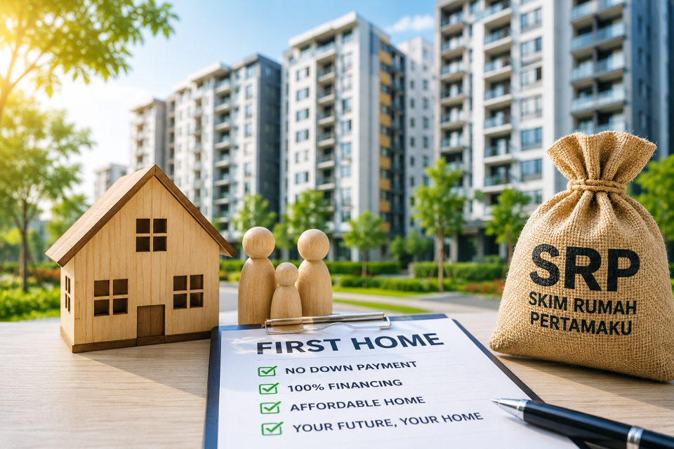 SRP Malaysia 2026 feature image showing a model home, family figures and modern apartment development symbolising first-time home ownership with 100% financing and no down payment.